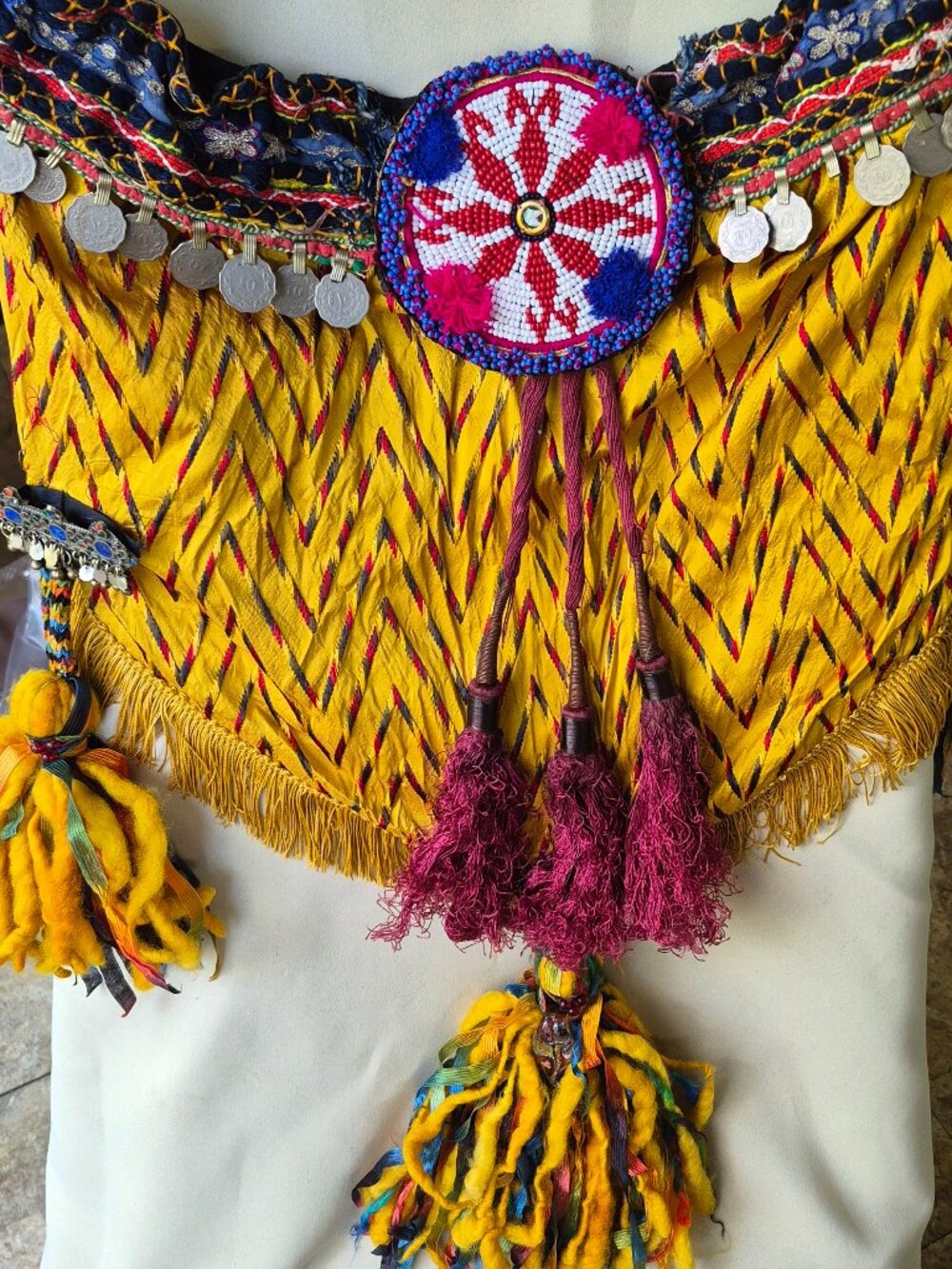 Vintage Kuchi Tribal Belly Dance Belt Yellow Shisha Fringe Coin Glass Beads Belt
